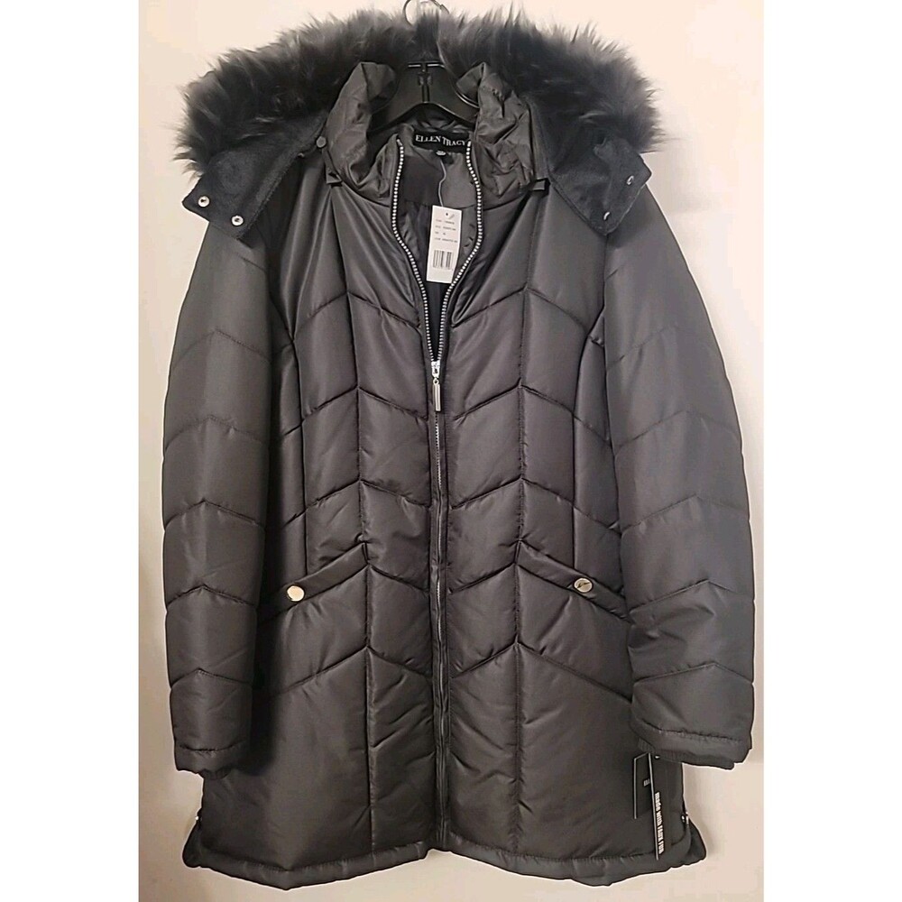 Ellen Tracy Women's Puffer Coat Faux Fur Trim Hooded Gray NWT